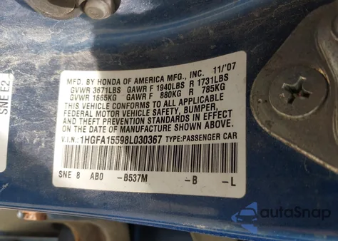 2008 Honda Civic Lx из США, поврежденный, VIN 1HGFA15598L030367